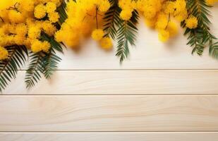 ai gegenereerd mimosa bloemen Aan houten wit achtergrond met onderschrift met copyspace foto