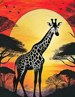 ai gegenereerd kunst leven van dier giraffe in natuur, blok afdrukken stijl foto
