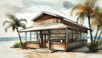 ai gegenereerd waterverf schetsen en lijnen van de buitenkant van een koffie winkel gebouw Aan de strand foto