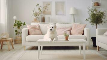 ai gegenereerd modern interieur van een helder, knus leven kamer in een Scandinavisch stijl in zacht kleuren met rasecht wit bichon frisé hond. reclame, banier, poster, aanplakbiljet. ideaal voor huisdier, huis, foto