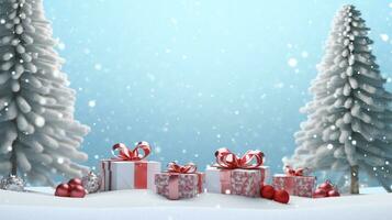 een besneeuwd Kerstmis instelling met berijpt bomen, vallend sneeuw, en presenteert verpakt in rood en wit met linten, naast rood ornamenten, overbrengen een feestelijk vakantie atmosfeer foto