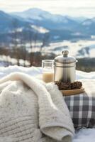 ai gegenereerd een pluizig deken en een heet water fles met een winter landschap in de achtergrond foto