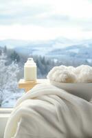 ai gegenereerd een pluizig deken en een heet water fles met een winter landschap in de achtergrond foto