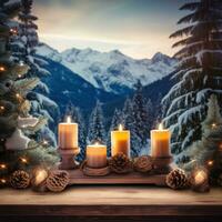 ai gegenereerd een rustiek houten tafel met Kerstmis decoraties en kaarsen foto