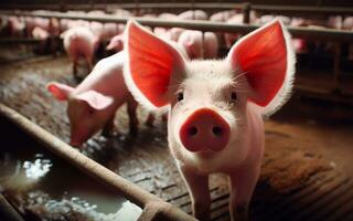 ai gegenereerd varken boerderijen, grootschalige vee productie, varkens in pennen, vlees industrie foto