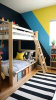 ai gegenereerd een pret kinderen kamer met een blauw accent muur, een houten zolder bed met een ladder foto