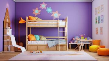 ai gegenereerd kinderen kamer met een Purper accent muur, een houten stapelbed bed met een ladder foto