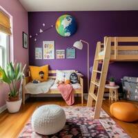 ai gegenereerd kinderen kamer met een Purper accent muur, een houten stapelbed bed met een ladder foto