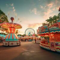 ai gegenereerd opwinding van carnaval ritten tegen een levendig achtergrond foto