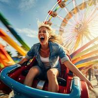 ai gegenereerd opwinding van carnaval ritten tegen een levendig achtergrond foto