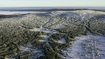 antenne van de ski toevlucht met kabelbaan in de besneeuwd Woud in een zonnig dag. filmmateriaal. winter landschap van besneeuwd berg helling tussen pijnboom bomen Aan blauw lucht achtergrond. foto