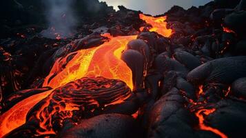 ai gegenereerd warmte en energie van een vulkaan lava vangt de gesmolten rots net zo het watervallen naar beneden de berghelling foto