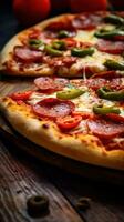 ai gegenereerd vers gebakken pizza, met gesmolten kaas lekt uit van de plakjes en toppings van peperoni foto