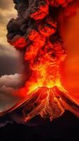 ai gegenereerd een vulkaan uitbarsting in een vurig Scherm van gesmolten lava en as foto