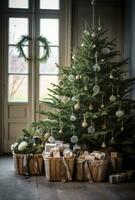 ai gegenereerd een Kerstmis boom, presenteert en mand van kransen, foto