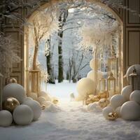 ai gegenereerd een verbijsterend goud en wit Kerstmis tafereel met glinsterende ballen en een besneeuwd achtergrond foto