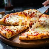 ai gegenereerd een pizza wezen gesneden met een scherp snijder, benadrukkend de krokant structuur van de korst foto