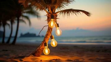 ai gegenereerd een palm boom Aan een strand, omringd door een draad van licht lamp slingers foto