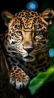 ai gegenereerd een majestueus jaguar neergestreken Aan een boom tak, staren in de afstand met haar doordringend groen ogen foto