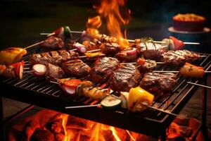 ai gegenereerd barbecue met heerlijk gegrild vlees en groenten Aan grill, detailopname, bbq met rooster en grillen vlees met barbecue grillen buitenshuis, ai gegenereerd foto