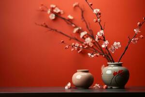 ai gegenereerd Chinese vaas met bloem Aan een rood achtergrond foto
