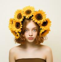 ai gegenereerd een jong meisje gedekt met zonnebloemen met wit achtergrond Hoes foto