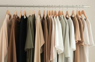 ai gegenereerd beige, goud, taupe en zwart kleding blijft hangen Aan een muur foto