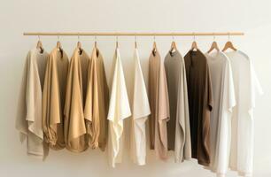 ai gegenereerd beige, goud, taupe en zwart kleding blijft hangen Aan een muur foto