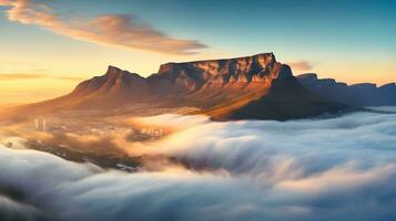 ai gegenereerd dramatisch zonsopkomst ochtend- mist over- tafel berg. ai gegenereerd foto