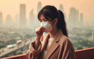 ai gegenereerd een vrouw vervelend een beschermend masker hoest in een hoofdstad gevulde met pm2.5 smog en zwaar metalen in de lucht foto
