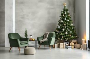 ai gegenereerd Kerstmis boom in een leven kamer met groen stoelen en een Kerstmis boom, foto