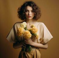 ai gegenereerd vrouw in jurk Holding boeket van bloemen, foto