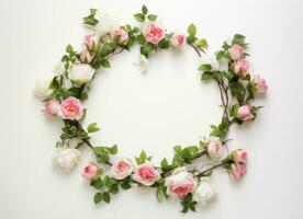 ai gegenereerd een bloemen krans met roze rozen en groen bladeren Aan wit achtergrond foto