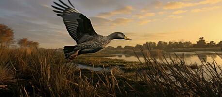 ai gegenereerd eend vliegend over- geboomd grasland in de vroeg ochtend- licht foto