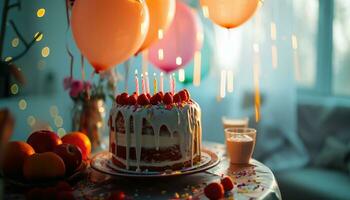 ai gegenereerd een verjaardag taart zittend Aan een tafel met ballonnen foto