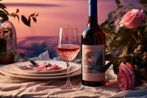 ai gegenereerd een fles van roze wijn zit Aan een houten tafel foto