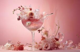 ai gegenereerd een roze cocktail met ijs in het omringd door roze bloemen foto