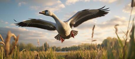 ai gegenereerd een gans vliegend in een veld- in de buurt een rivier- foto