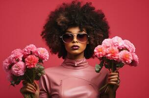 ai gegenereerd een meisje met afro haar- is Holding bloemen terwijl aan het kijken een roze achtergrond foto