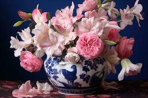 ai gegenereerd een roze en wit vaas is gevulde met bloemen foto