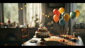 ai gegenereerd een verjaardag taart zittend Aan een tafel met ballonnen foto