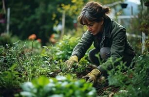 ai gegenereerd een vrouw in tuinieren handschoenen ploegen planten foto