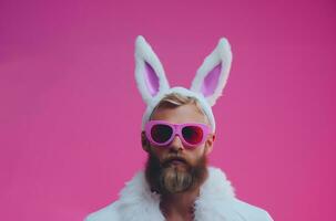ai gegenereerd een Mens is vervelend een konijn oren in voorkant van een roze achtergrond foto