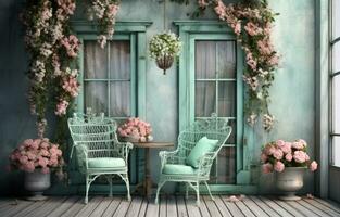 ai gegenereerd een huis met een klein houten veranda en stoelen foto