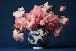 ai gegenereerd een roze en wit vaas is gevulde met bloemen foto