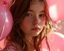 ai gegenereerd mooi jong meisje Holding ballonnen Aan roze achtergrond foto