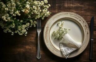 ai gegenereerd een bord, servet en bestek Aan de tafel met klein bloemen foto