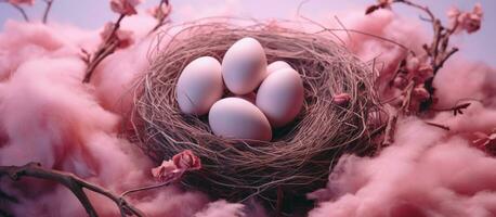 ai gegenereerd gekleurde eieren in de nest Aan een roze achtergrond foto