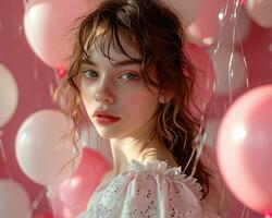 ai gegenereerd mooi jong meisje Holding ballonnen Aan roze achtergrond foto