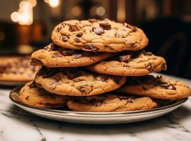 ai gegenereerd een stack van chocola spaander koekjes met chocola chips dichtbij naar elk andere foto